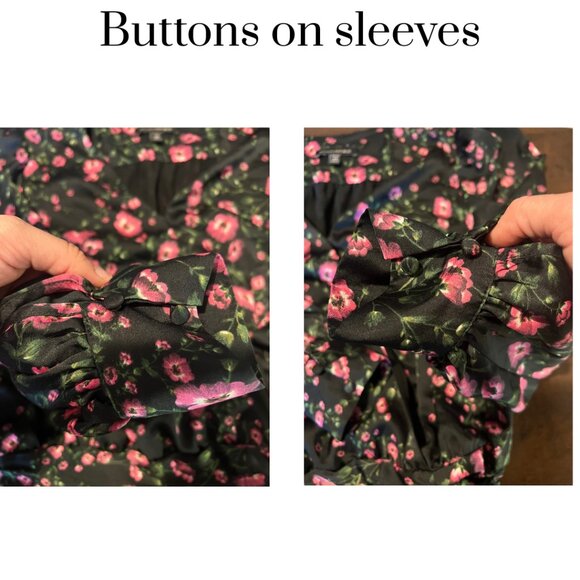 EUC Banana Republic floral tie front volume sleeve wrap top pink black XS petite - Picture 5 of 8